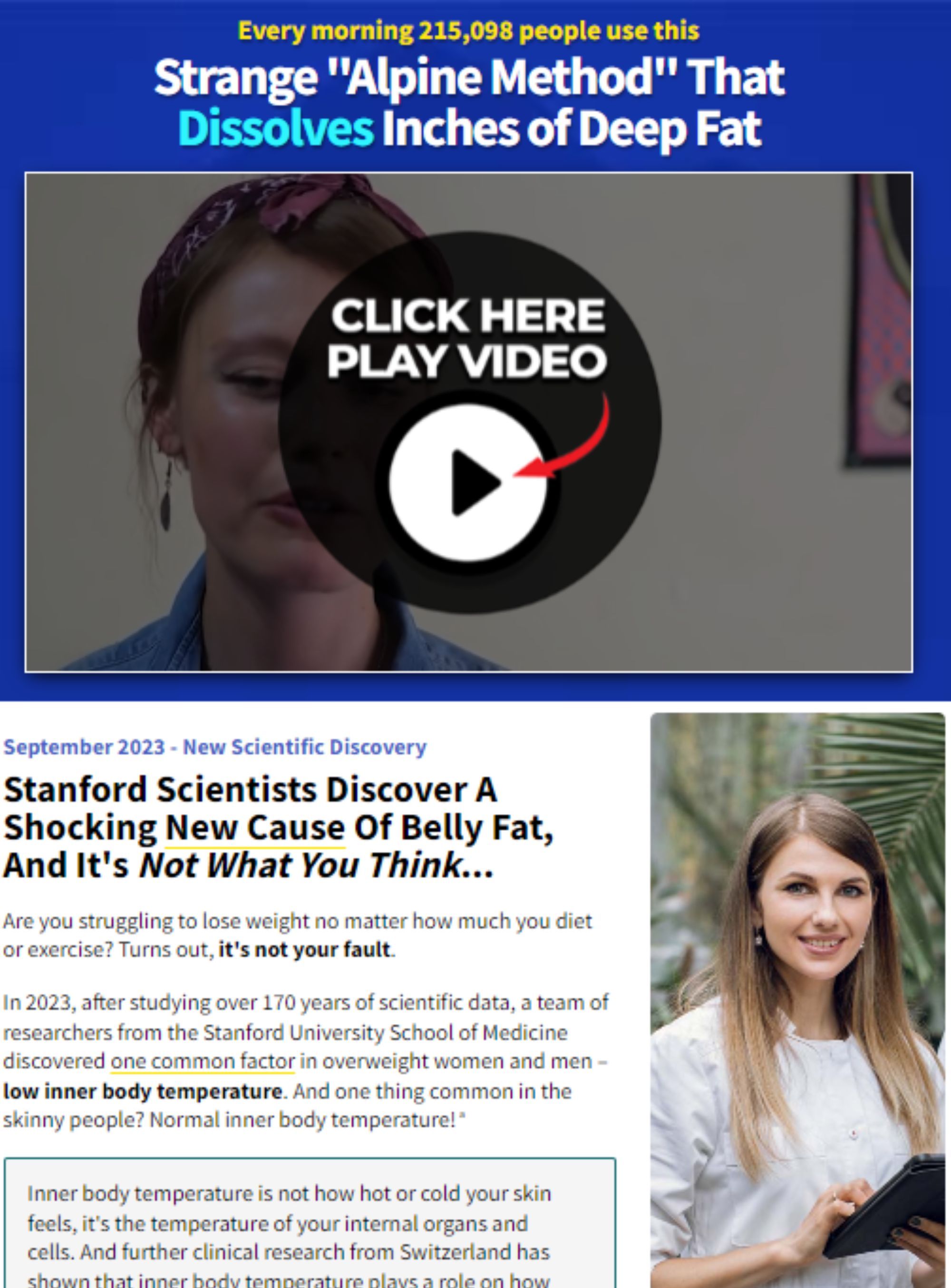 Screenshot of  landing page featuring 'Click Here to Play Video' button, highlighting Alpileans science-based approach to wellness.