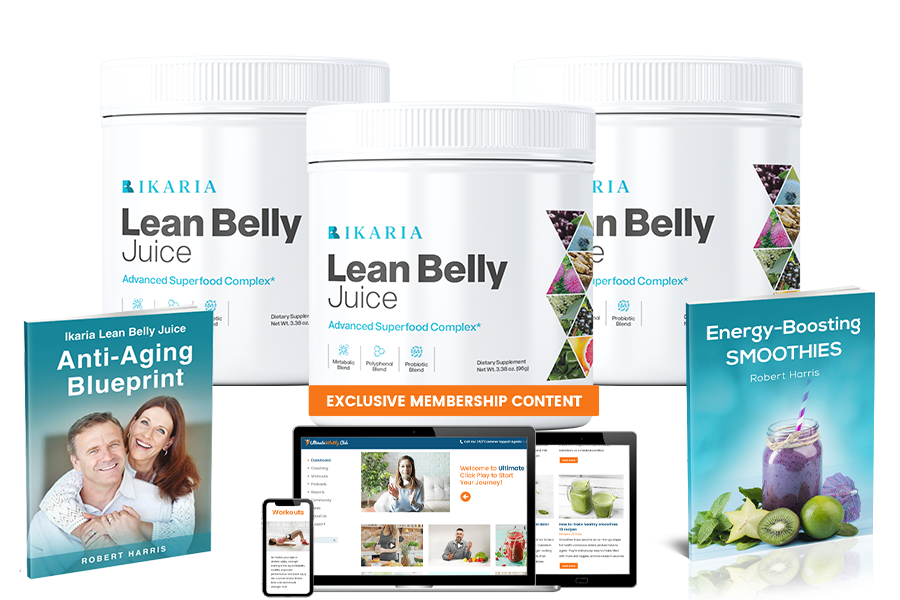 Ikaria Lean Belly Juice bottle next to exclusive membership content on a tablet screen, highlighting a holistic approach to weight loss.